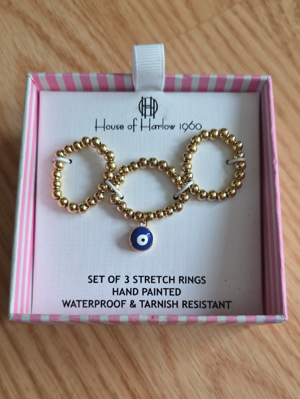 House of Harlow 1960 Gold Beaded Stretch Ring Set with Blue  Eye Charm